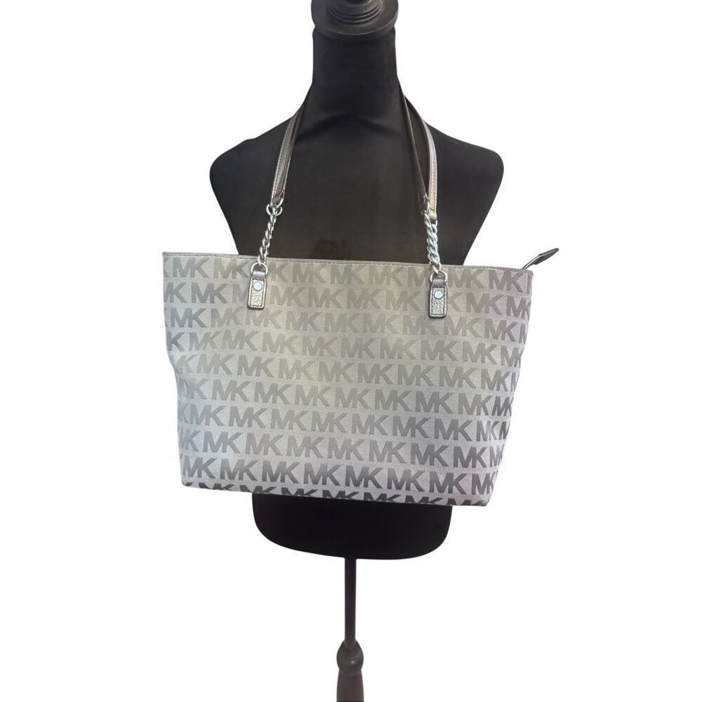 Michael Kors MK Logo Jacquard Tote Bag Gray Black metallic Chain Strap Medium